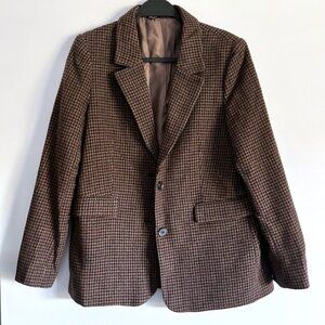 & Other Stories Plaid Wool Blend Blazer Jacket Brown Checked Houndstooth Size 8